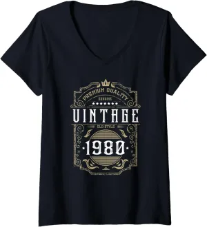 Womens Vintage 1980 Birthday Classic Style Born in 80s V-Neck T-Shirt