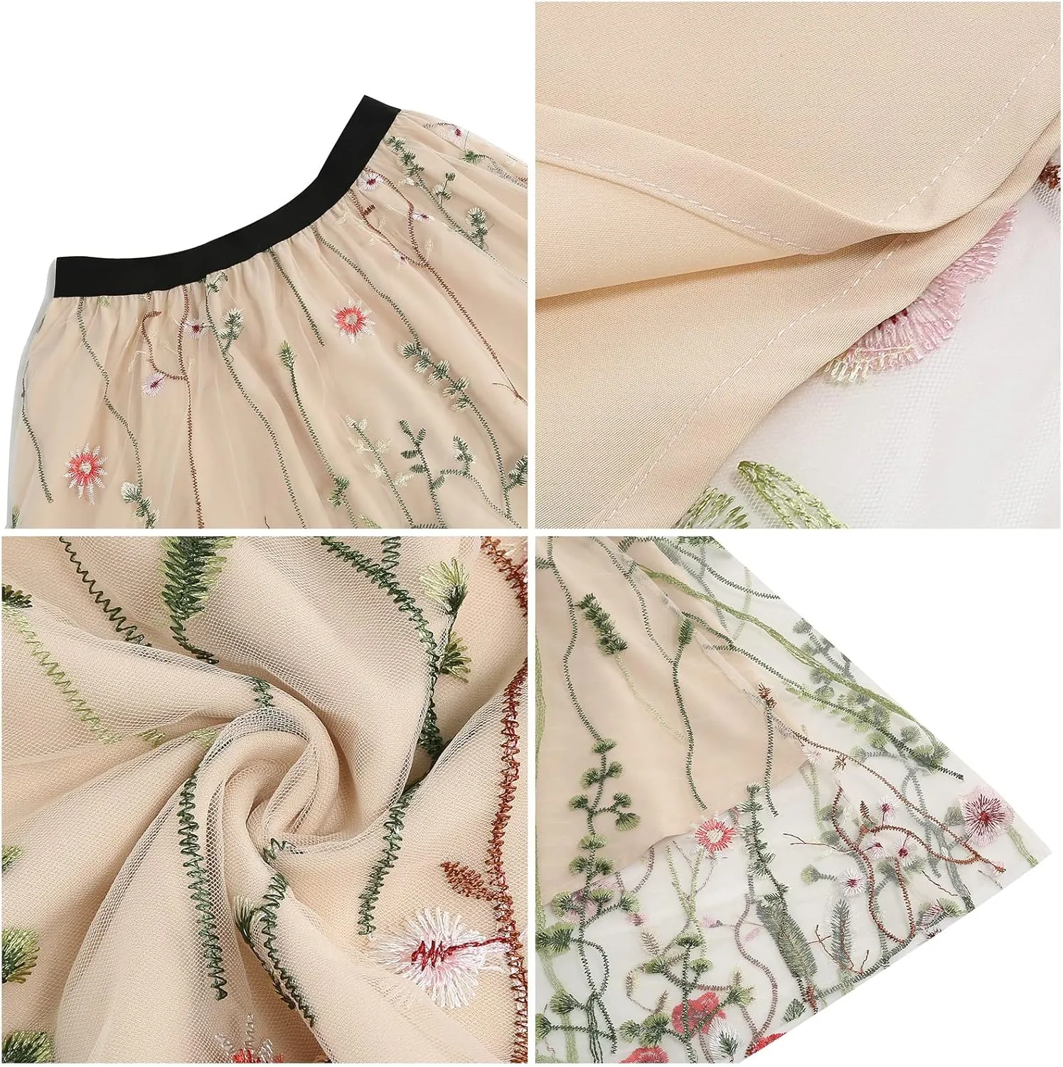 Women's Vintage Embroidery A-line Skirts 1950s Retro Layered Tulle Midi Ruffle Skirts 50s Swing Skirt