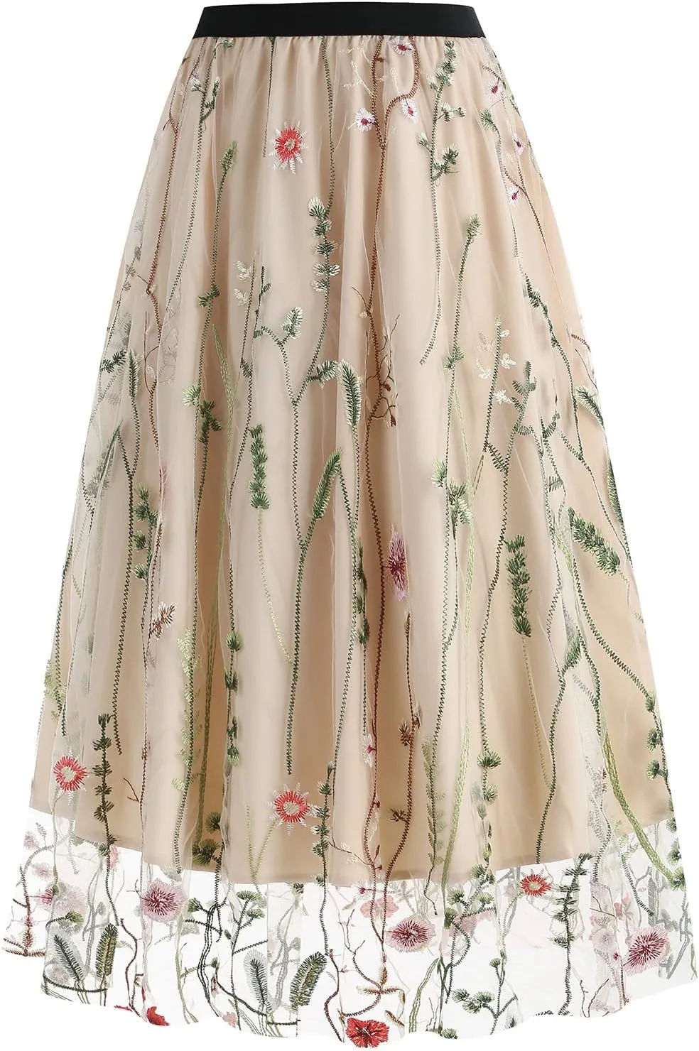 Women's Vintage Embroidery A-line Skirts 1950s Retro Layered Tulle Midi Ruffle Skirts 50s Swing Skirt