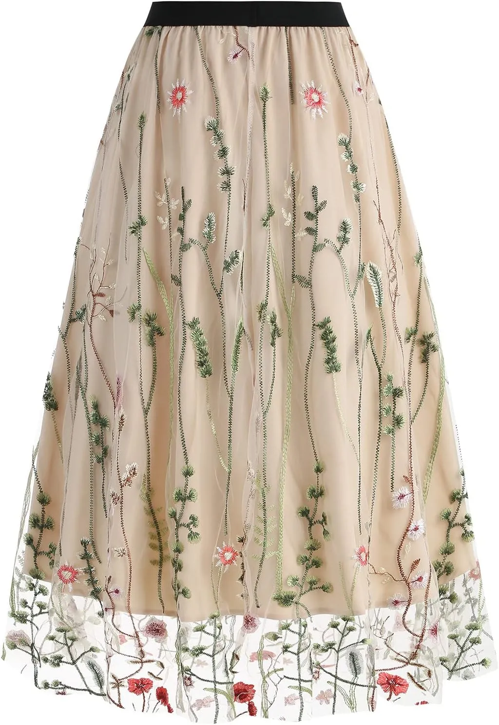 Women's Vintage Embroidery A-line Skirts 1950s Retro Layered Tulle Midi Ruffle Skirts 50s Swing Skirt