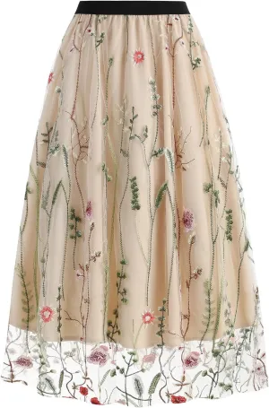Women's Vintage Embroidery A-line Skirts 1950s Retro Layered Tulle Midi Ruffle Skirts 50s Swing Skirt