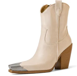 Womens Western Ankle Boots Engraved Metal Toe Cowgirl Booties Stacked Block Heeled Cowboy Boots Fashion Western Party Heeled Shoes