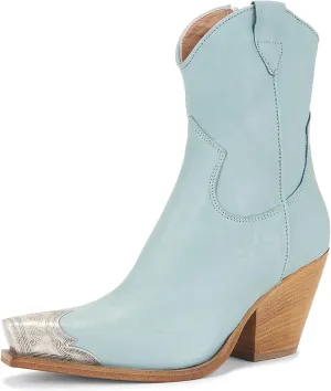 Womens Western Ankle Boots Engraved Metal Toe Cowgirl Booties Stacked Block Heeled Cowboy Boots Fashion Western Party Heeled Shoes