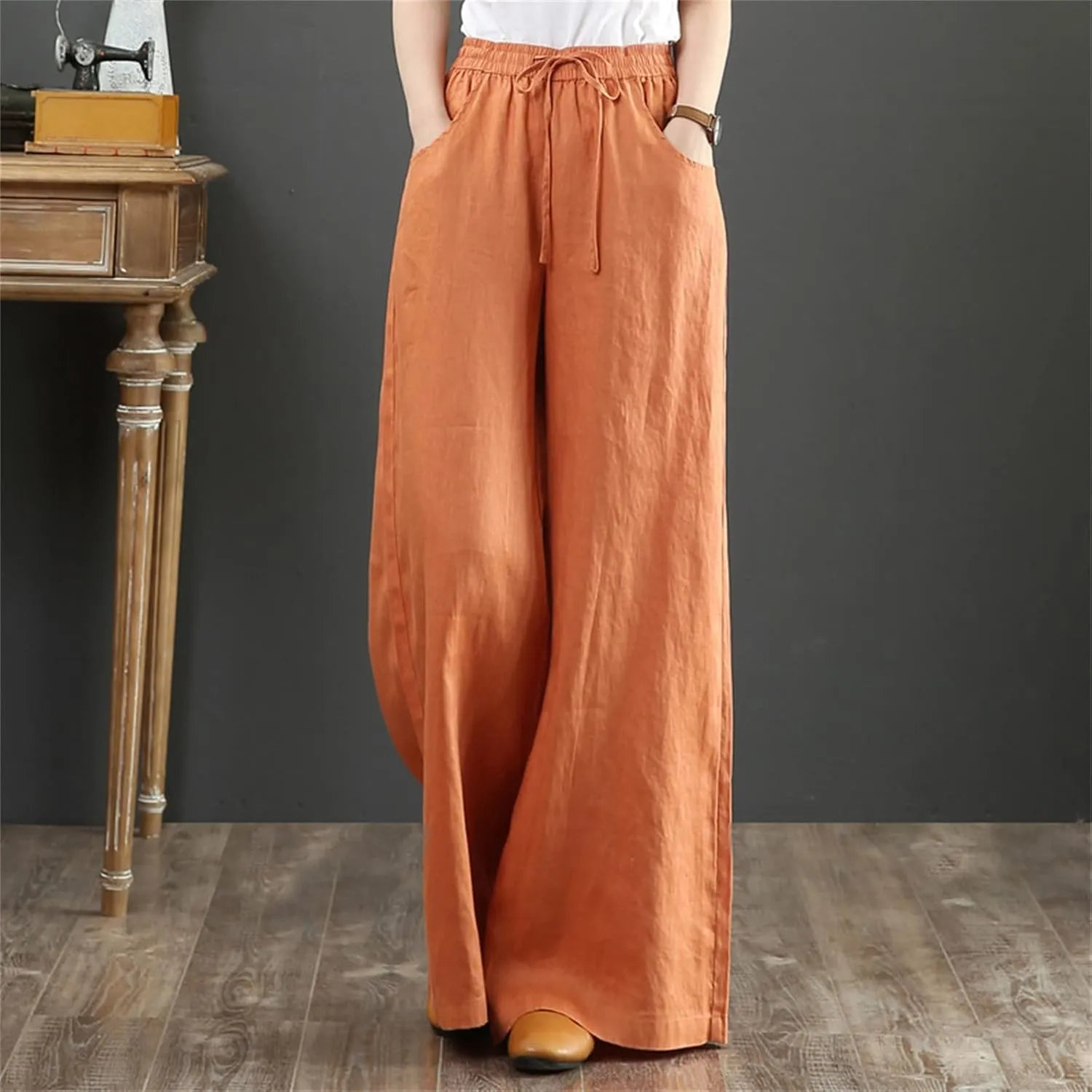 Womens Wide Leg Pants Dressy Comfy Loose Flowy Cotton Linen Pants Summer Casual Beach High Waisted Palazzo Trousers