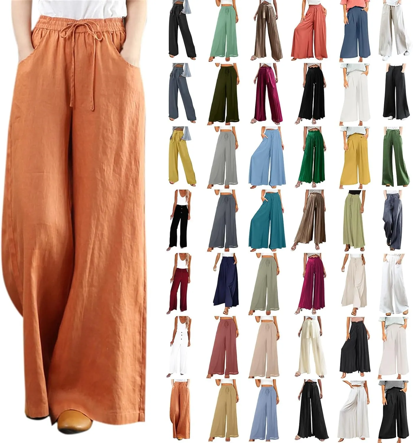 Womens Wide Leg Pants Dressy Comfy Loose Flowy Cotton Linen Pants Summer Casual Beach High Waisted Palazzo Trousers