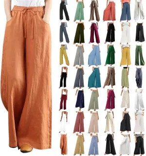 Womens Wide Leg Pants Dressy Comfy Loose Flowy Cotton Linen Pants Summer Casual Beach High Waisted Palazzo Trousers