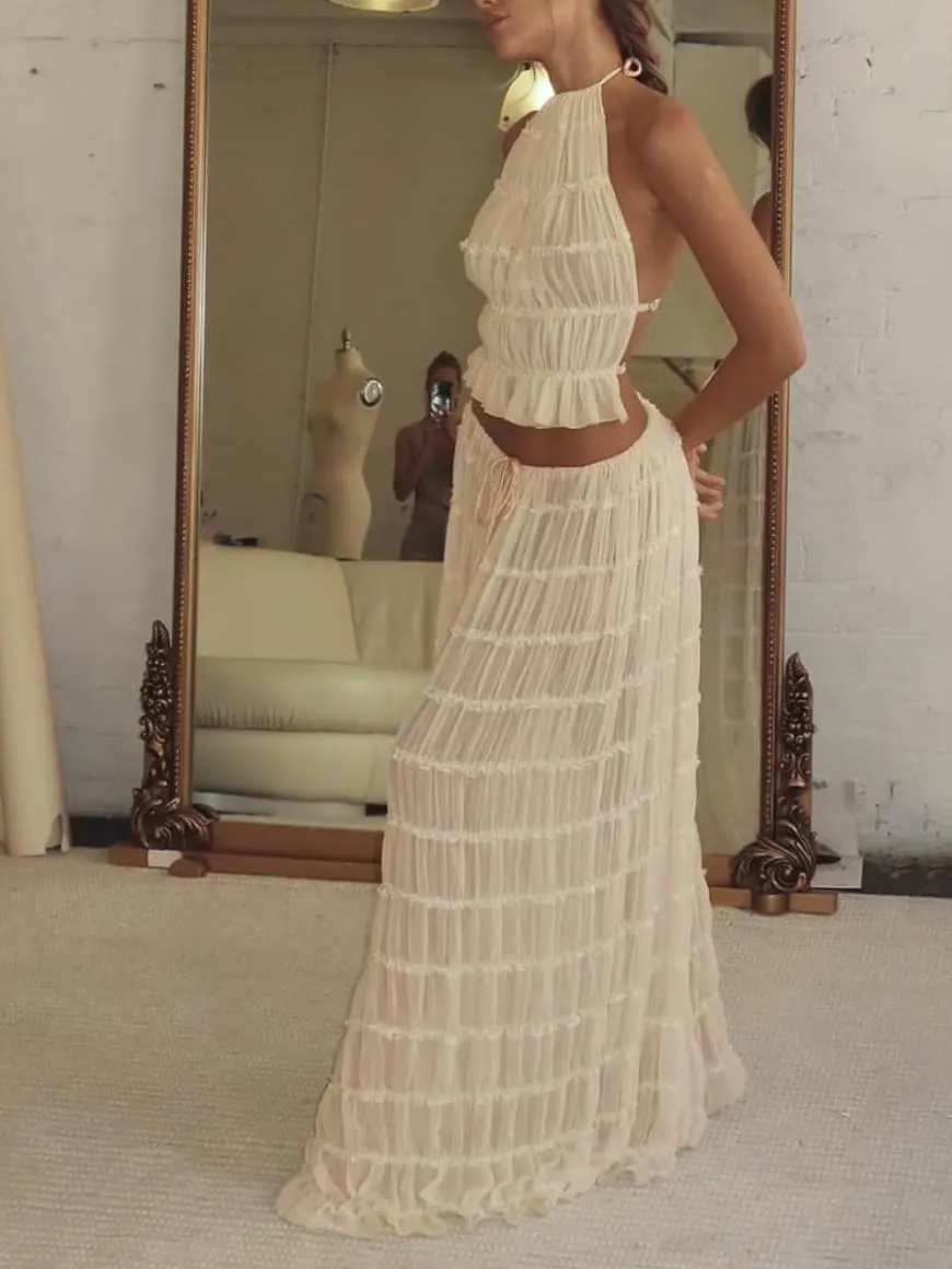 Womens Y2k Maxi Skirt Set Backless Lace Halter Crop Top and Long Skirt Sets Beach Cocktail Club Dress 2 PCS Outfit