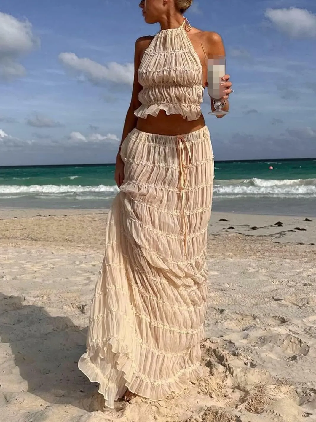 Womens Y2k Maxi Skirt Set Backless Lace Halter Crop Top and Long Skirt Sets Beach Cocktail Club Dress 2 PCS Outfit