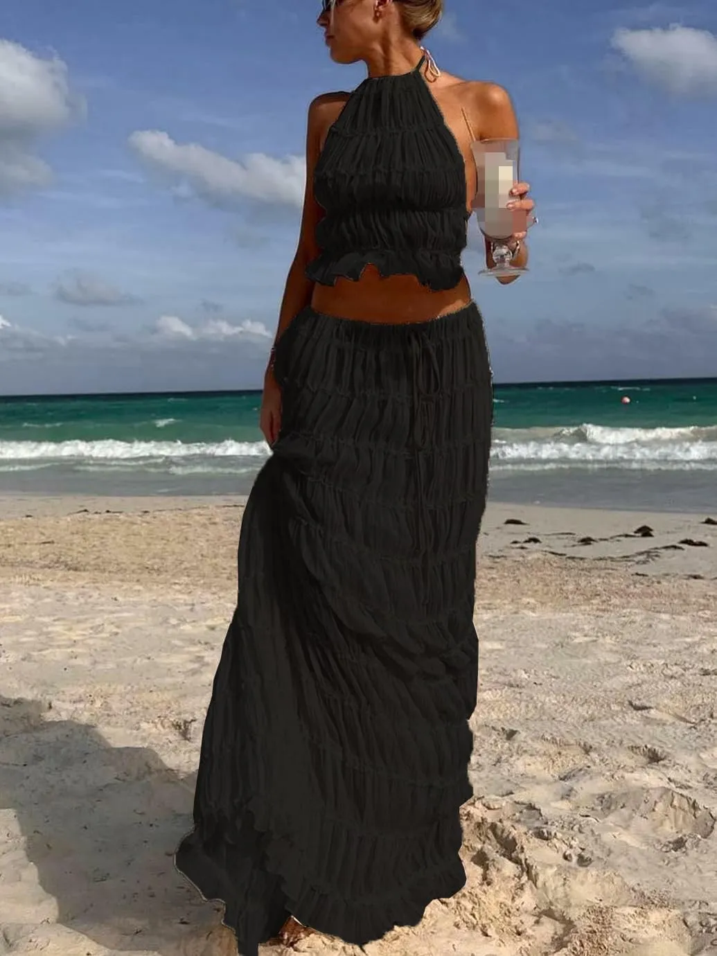 Womens Y2k Maxi Skirt Set Backless Lace Halter Crop Top and Long Skirt Sets Beach Cocktail Club Dress 2 PCS Outfit