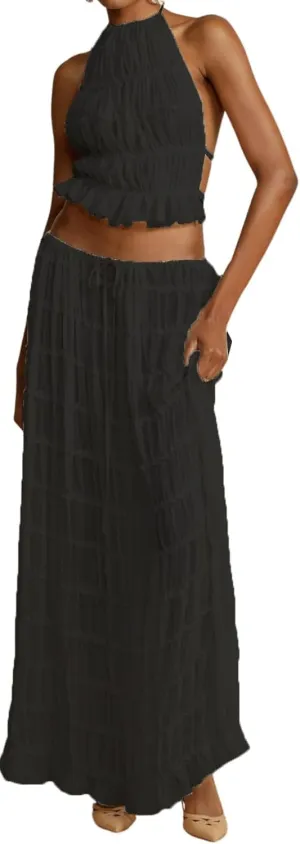 Womens Y2k Maxi Skirt Set Backless Lace Halter Crop Top and Long Skirt Sets Beach Cocktail Club Dress 2 PCS Outfit