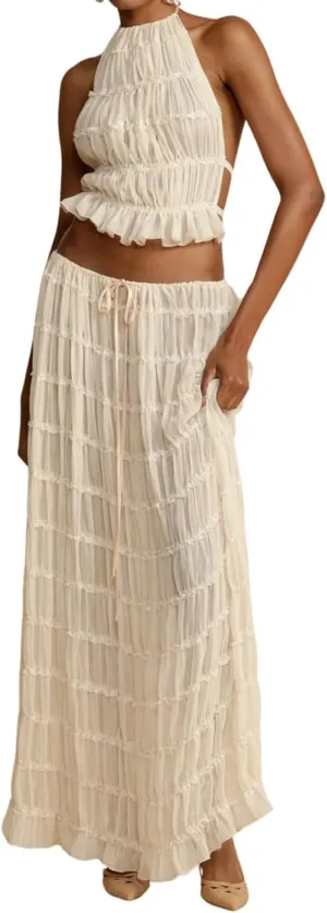 Womens Y2k Maxi Skirt Set Backless Lace Halter Crop Top and Long Skirt Sets Beach Cocktail Club Dress 2 PCS Outfit