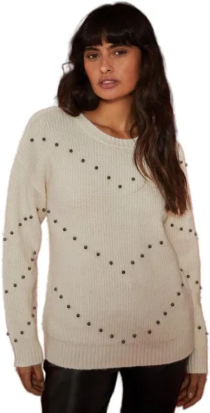 Womens Zigzag Embellished Sweater, Ecru, S