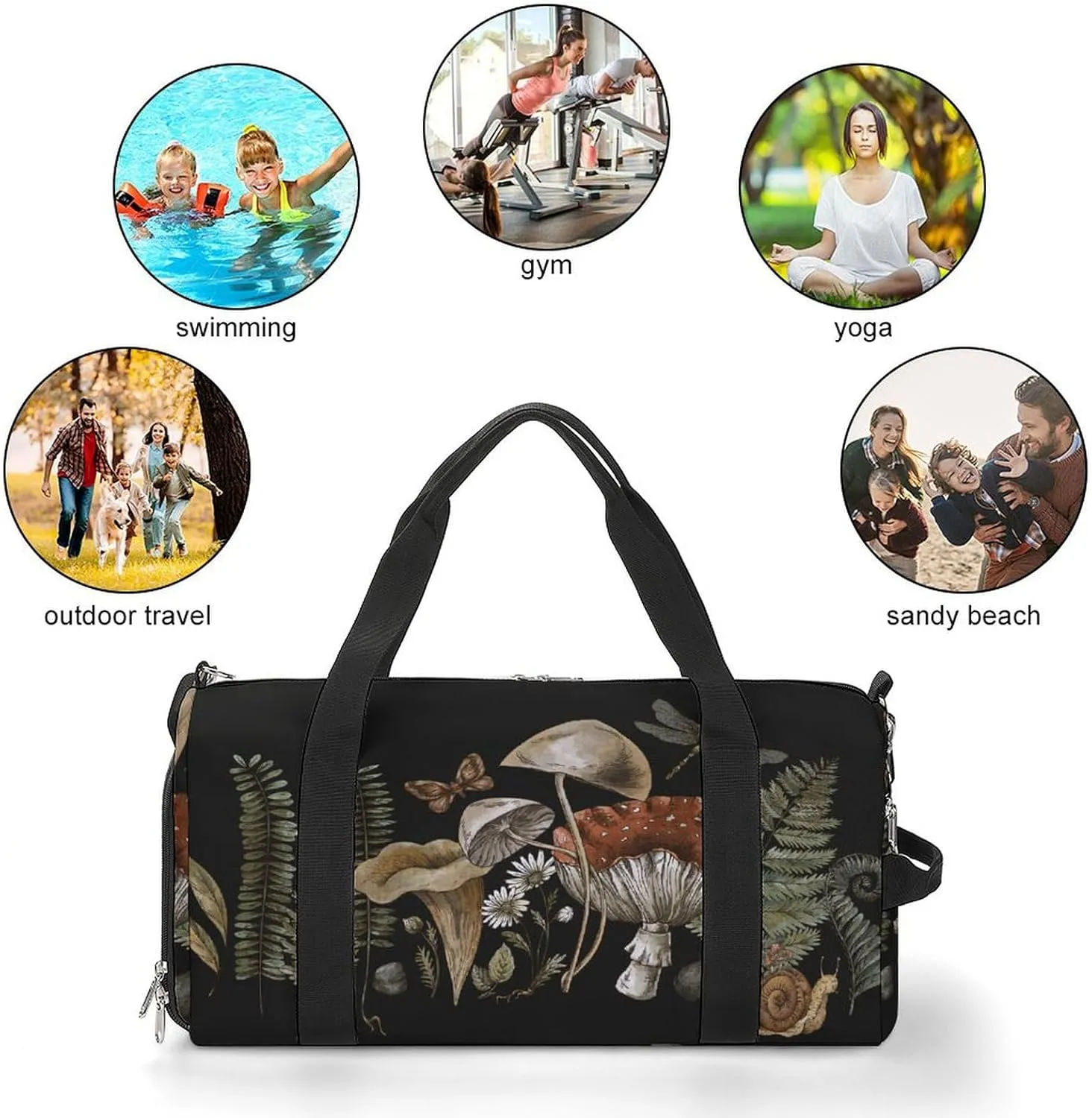 Woodland Treasures Amanita Mushroom Sports Duffel Bag for Men Women with Wet Pocket and Shoe Compartment