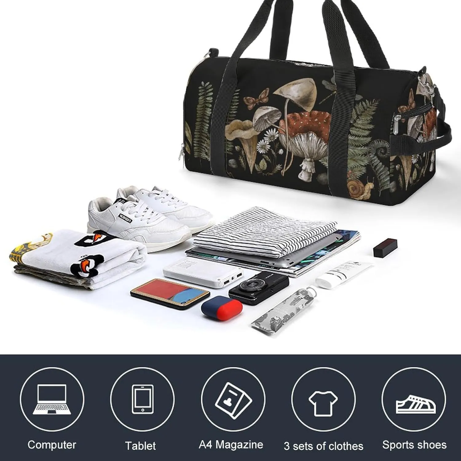 Woodland Treasures Amanita Mushroom Sports Duffel Bag for Men Women with Wet Pocket and Shoe Compartment