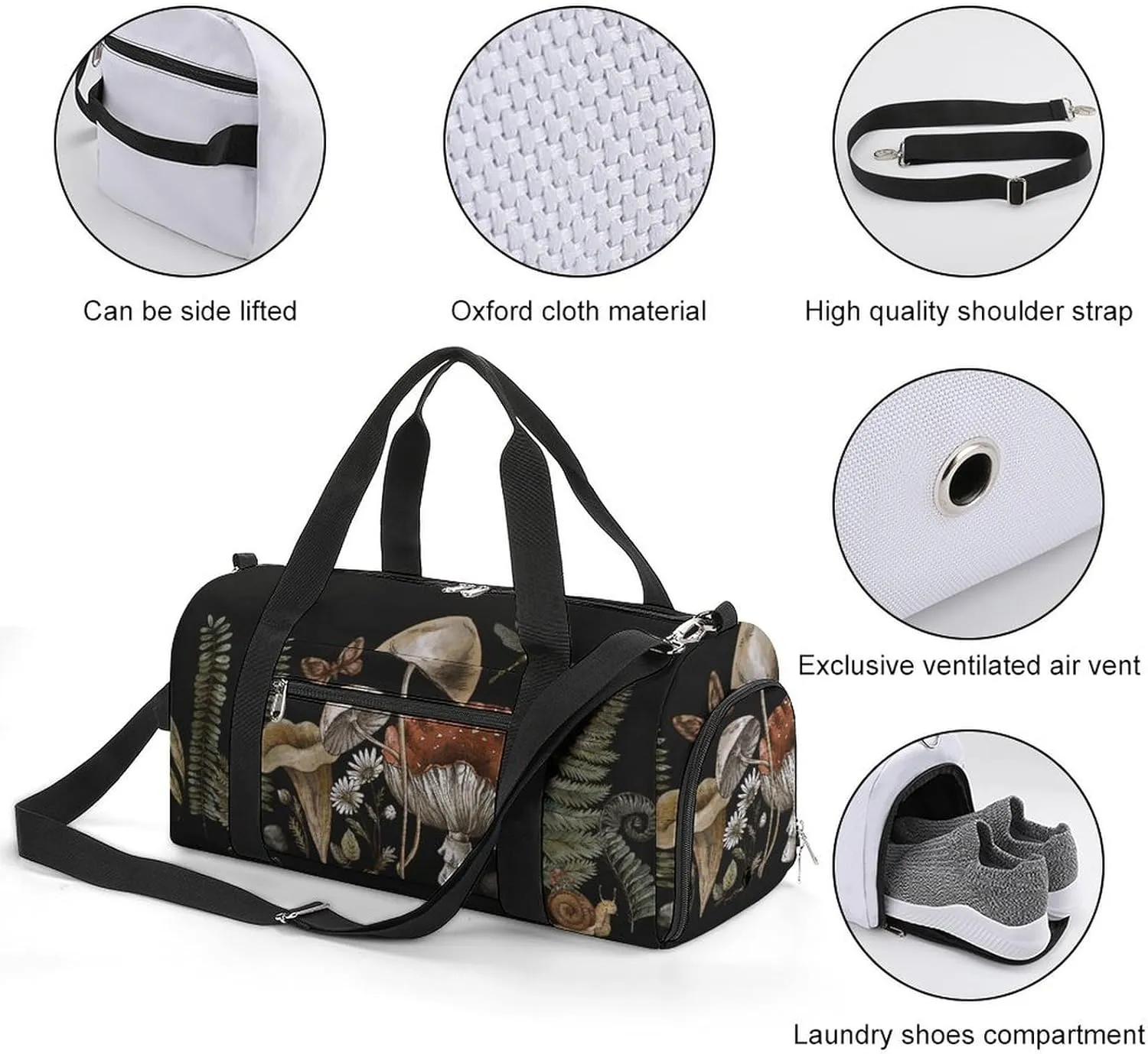 Woodland Treasures Amanita Mushroom Sports Duffel Bag for Men Women with Wet Pocket and Shoe Compartment