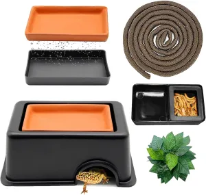 Woyrise Reptile Hide Box Humidifier Caves Gecko Water Supply Hideout with Sink Basin, Flexible Jungle Vine&Leaves for Lizards Turtles Amphibians Small Snake
