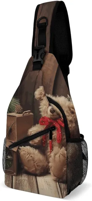Xmas Tree Branch Bear Doll Crossbody Sling Bag for Women Men Sling Backpack Travel Chest Bag Pack Man Purse Shoulder Bags Daypack for Travel Hiking Cycling