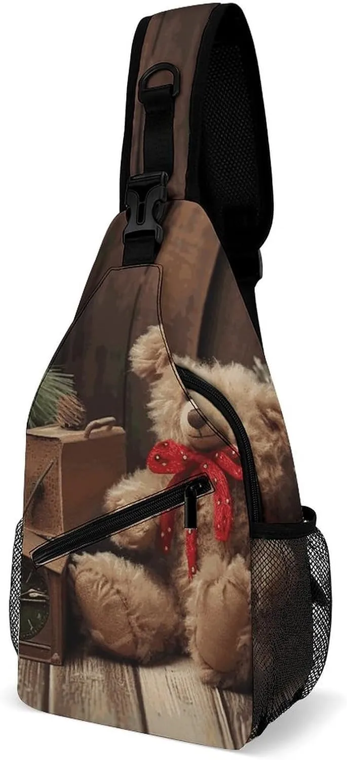 Xmas Tree Branch Bear Doll Crossbody Sling Bag for Women Men Sling Backpack Travel Chest Bag Pack Man Purse Shoulder Bags Daypack for Travel Hiking Cycling
