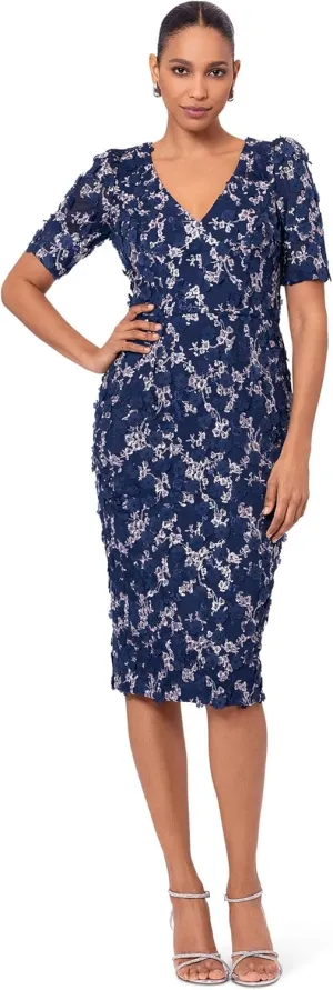 Xscape Women's Midi 3D Embellished V-Neck Short Sleeve