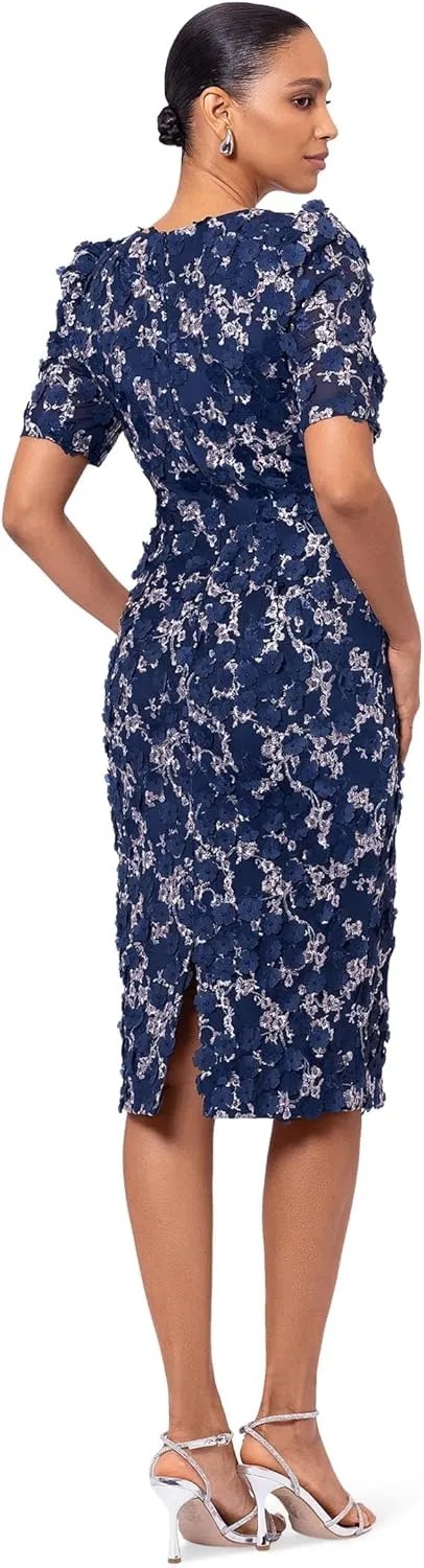 Xscape Women's Midi 3D Embellished V-Neck Short Sleeve