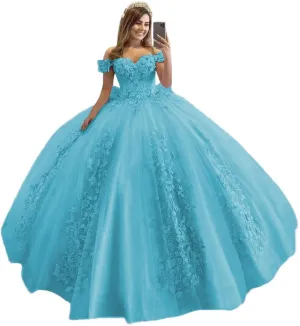 XYAYE Women's Off Shoulder Quinceanera Dresses 3D Flowers Puffy Ball Gown Lace Beaded Prom Dress for Sweet 15 16 XY069