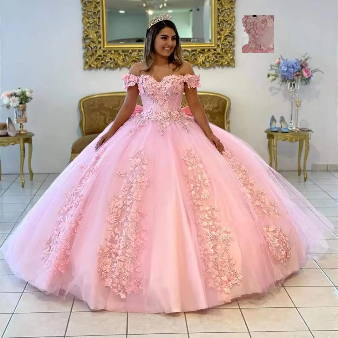 XYAYE Women's Off Shoulder Quinceanera Dresses 3D Flowers Puffy Ball Gown Lace Beaded Prom Dress for Sweet 15 16 XY069
