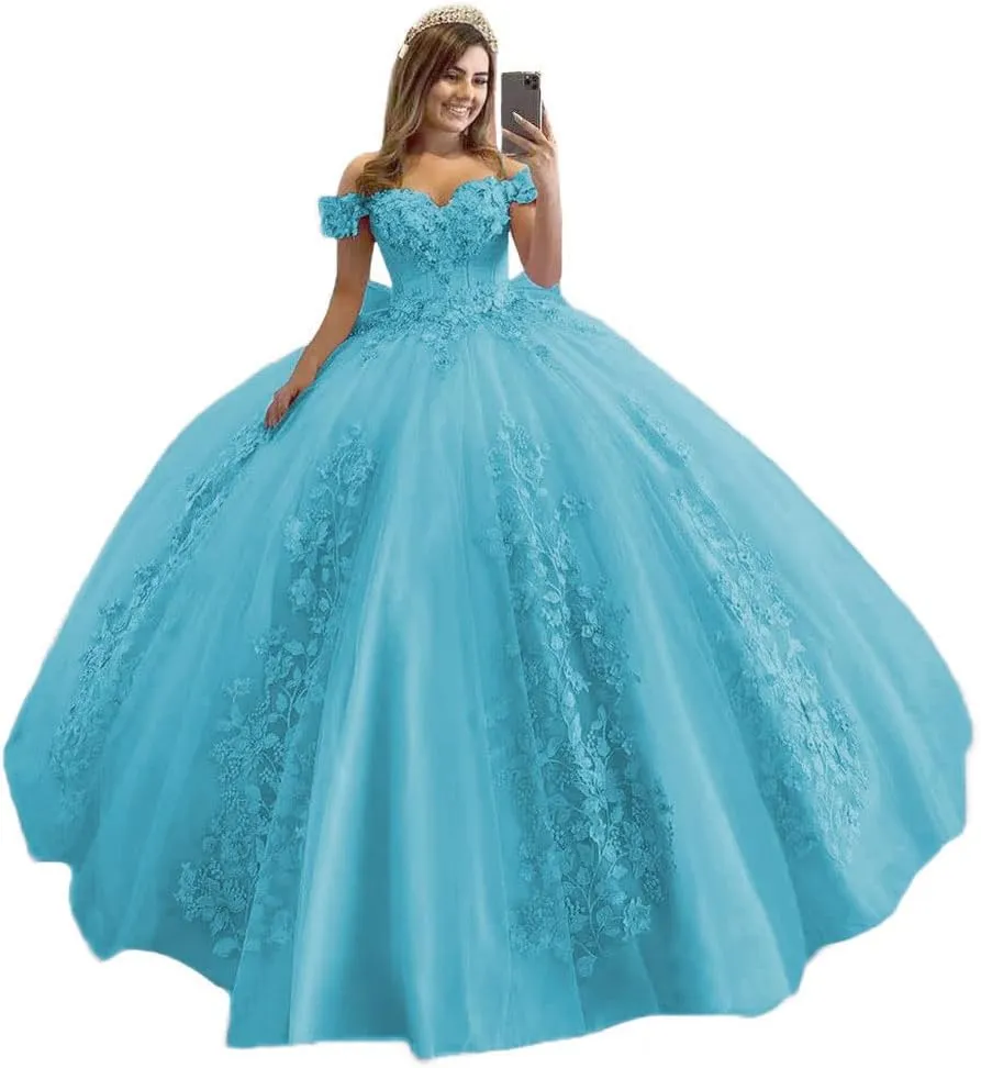 XYAYE Women's Off Shoulder Quinceanera Dresses 3D Flowers Puffy Ball Gown Lace Beaded Prom Dress for Sweet 15 16 XY069