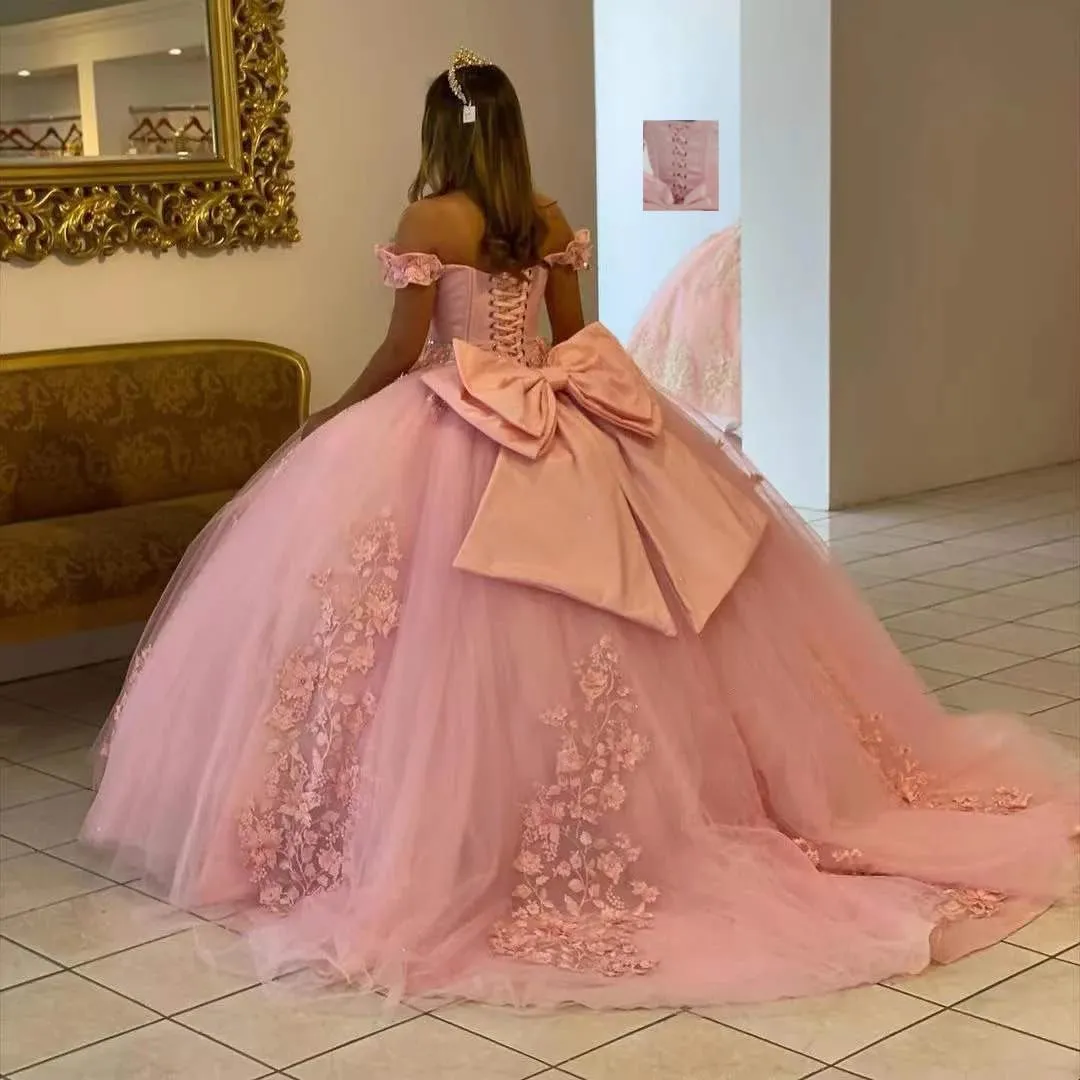 XYAYE Women's Off Shoulder Quinceanera Dresses 3D Flowers Puffy Ball Gown Lace Beaded Prom Dress for Sweet 15 16 XY069