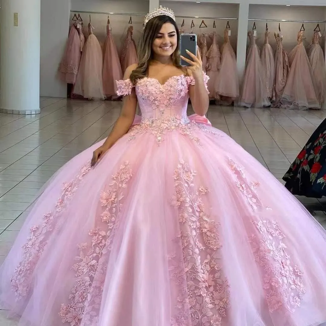 XYAYE Women's Off Shoulder Quinceanera Dresses 3D Flowers Puffy Ball Gown Lace Beaded Prom Dress for Sweet 15 16 XY069