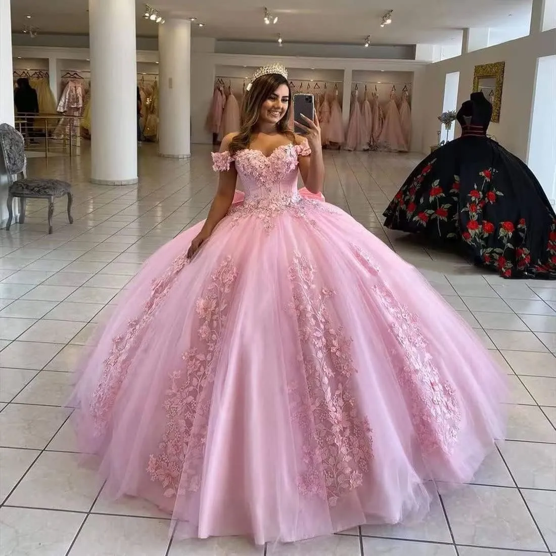 XYAYE Women's Off Shoulder Quinceanera Dresses 3D Flowers Puffy Ball Gown Lace Beaded Prom Dress for Sweet 15 16 XY069