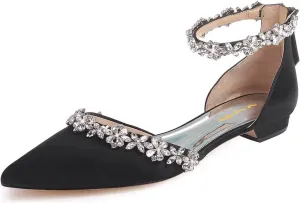 XYD Women Classic Pointed Toe D'Orsay Wedding Flat Sandals Sparkly Rhinestones Ankle Strap Low Heel Dress Shoes with Zipper