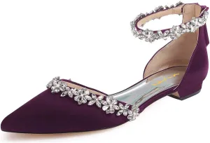 XYD Women Classic Pointed Toe D'Orsay Wedding Flat Sandals Sparkly Rhinestones Ankle Strap Low Heel Dress Shoes with Zipper