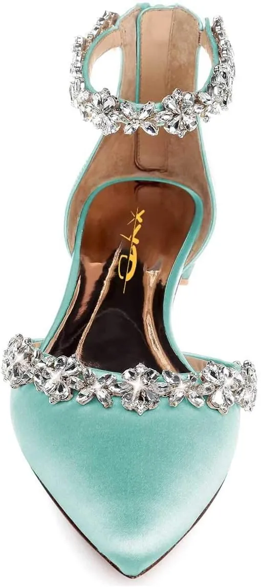 XYD Women Classic Pointed Toe D'Orsay Wedding Flat Sandals Sparkly Rhinestones Ankle Strap Low Heel Dress Shoes with Zipper