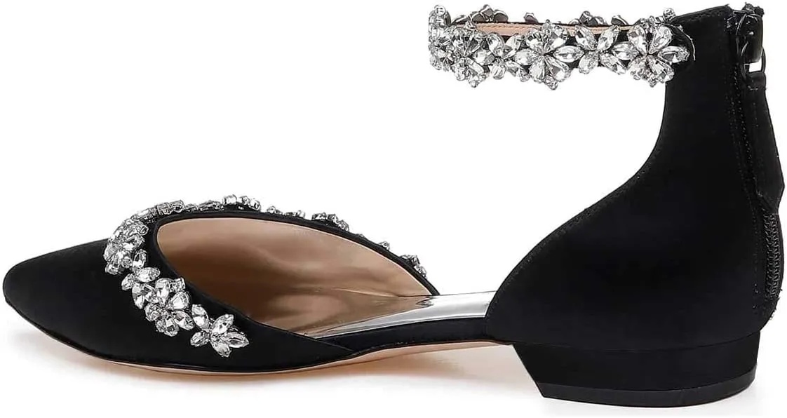XYD Women Classic Pointed Toe D'Orsay Wedding Flat Sandals Sparkly Rhinestones Ankle Strap Low Heel Dress Shoes with Zipper