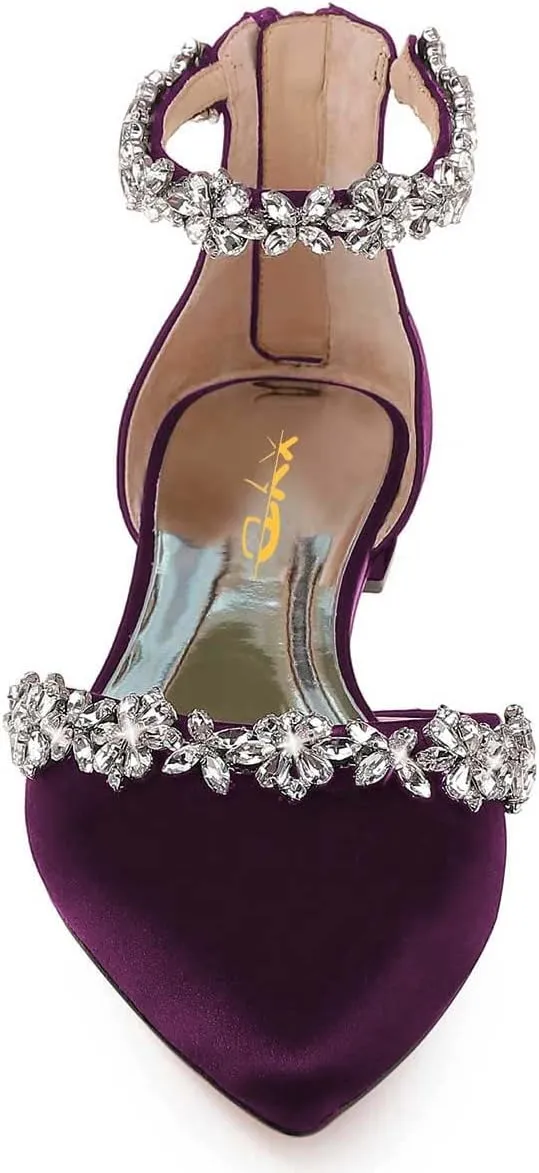 XYD Women Classic Pointed Toe D'Orsay Wedding Flat Sandals Sparkly Rhinestones Ankle Strap Low Heel Dress Shoes with Zipper