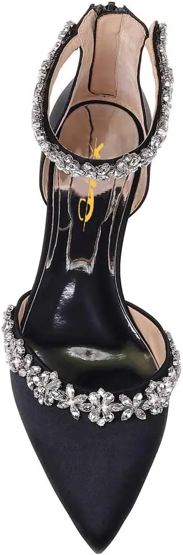 XYD Women Classic Pointed Toe D'Orsay Wedding Flat Sandals Sparkly Rhinestones Ankle Strap Low Heel Dress Shoes with Zipper