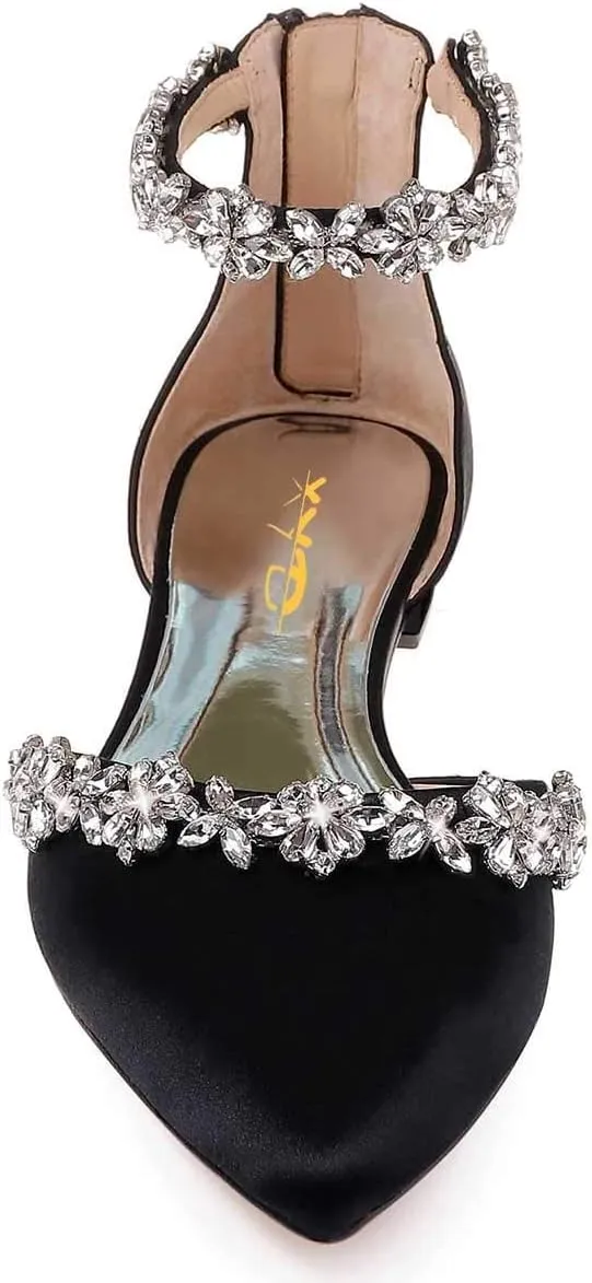 XYD Women Classic Pointed Toe D'Orsay Wedding Flat Sandals Sparkly Rhinestones Ankle Strap Low Heel Dress Shoes with Zipper