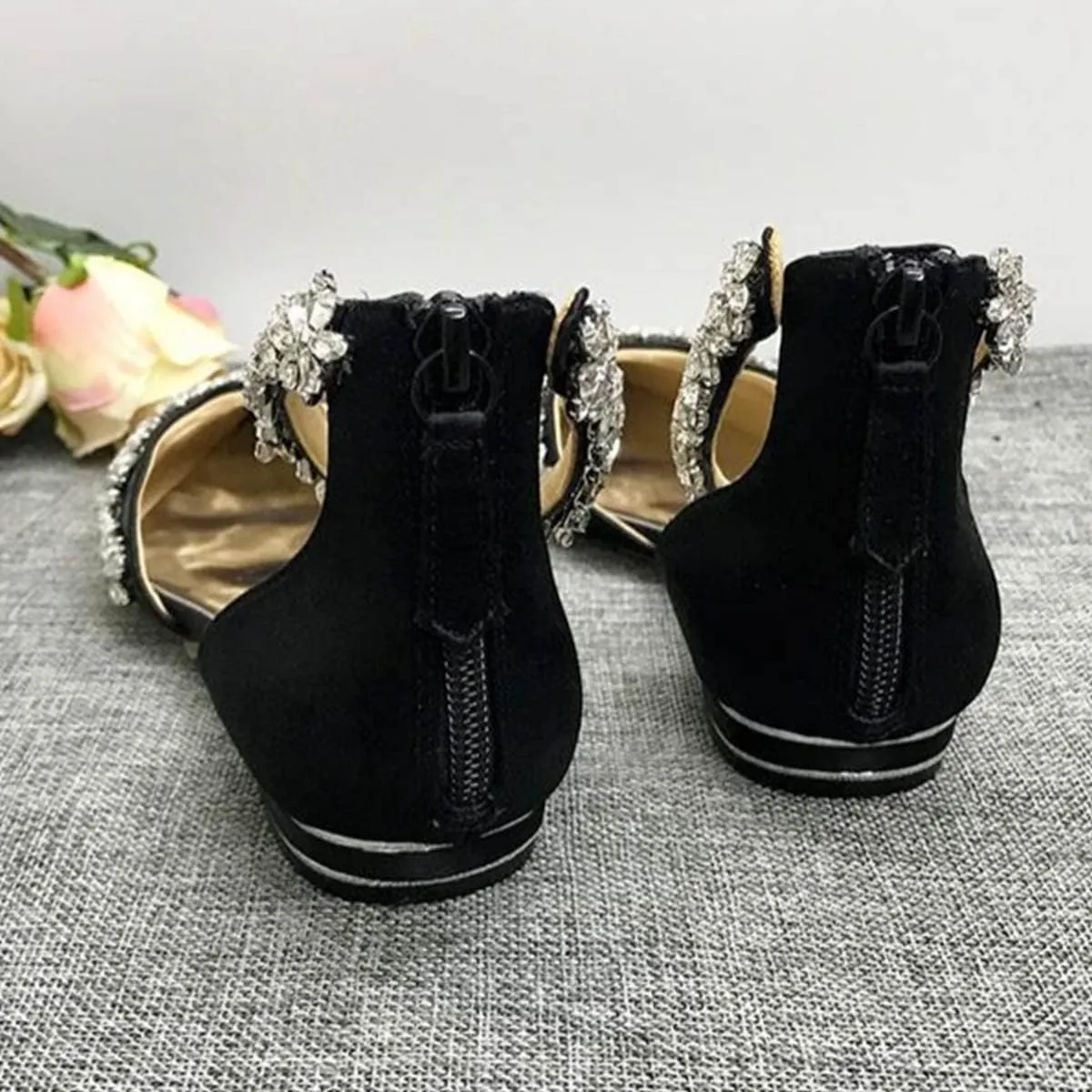 XYD Women Classic Pointed Toe D'Orsay Wedding Flat Sandals Sparkly Rhinestones Ankle Strap Low Heel Dress Shoes with Zipper
