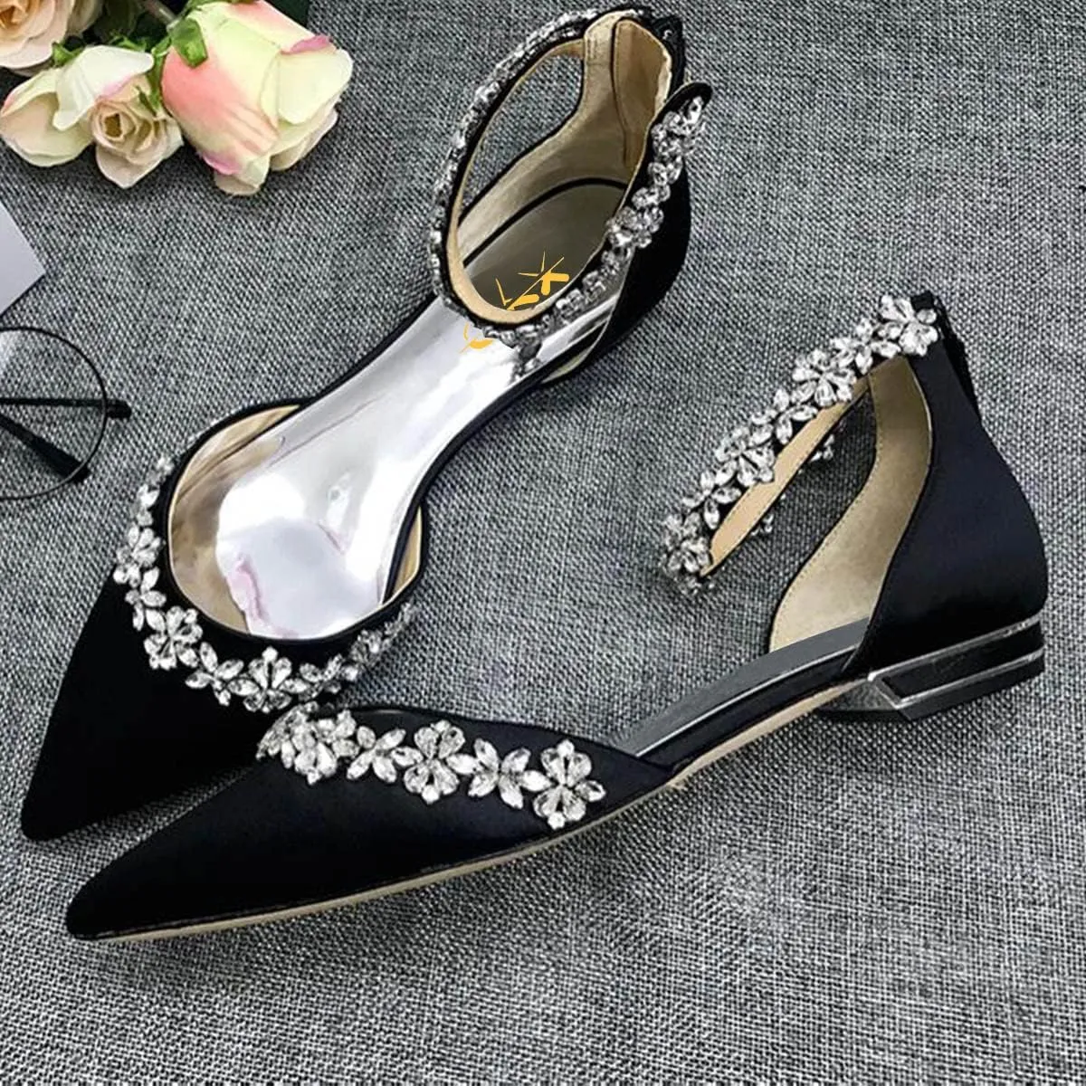 XYD Women Classic Pointed Toe D'Orsay Wedding Flat Sandals Sparkly Rhinestones Ankle Strap Low Heel Dress Shoes with Zipper