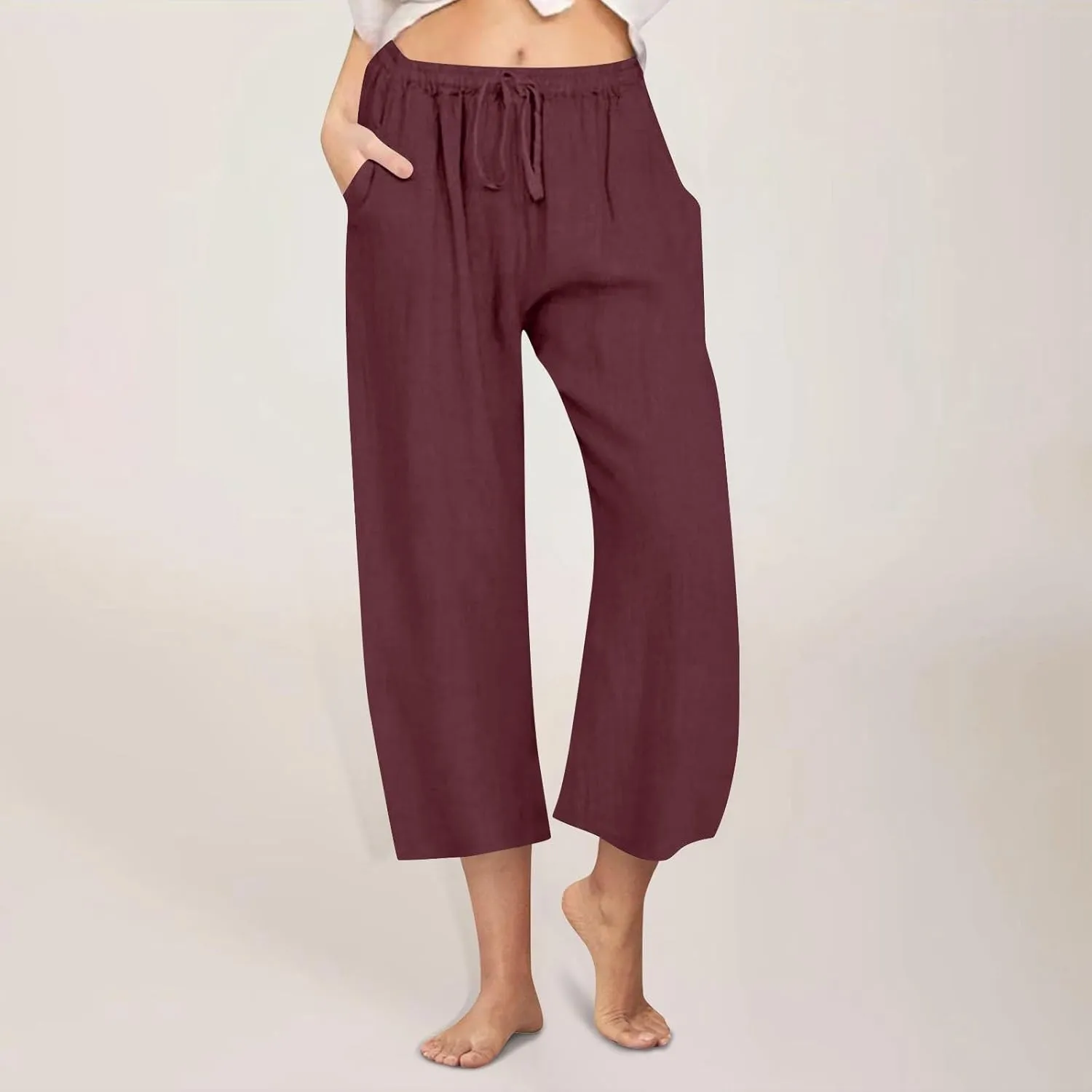 yardsong Capri Pants for Women Cotton Linen Summer Casual Cropped Pants Drawstring Elastic Waist Wide Leg Capris with Pockets
