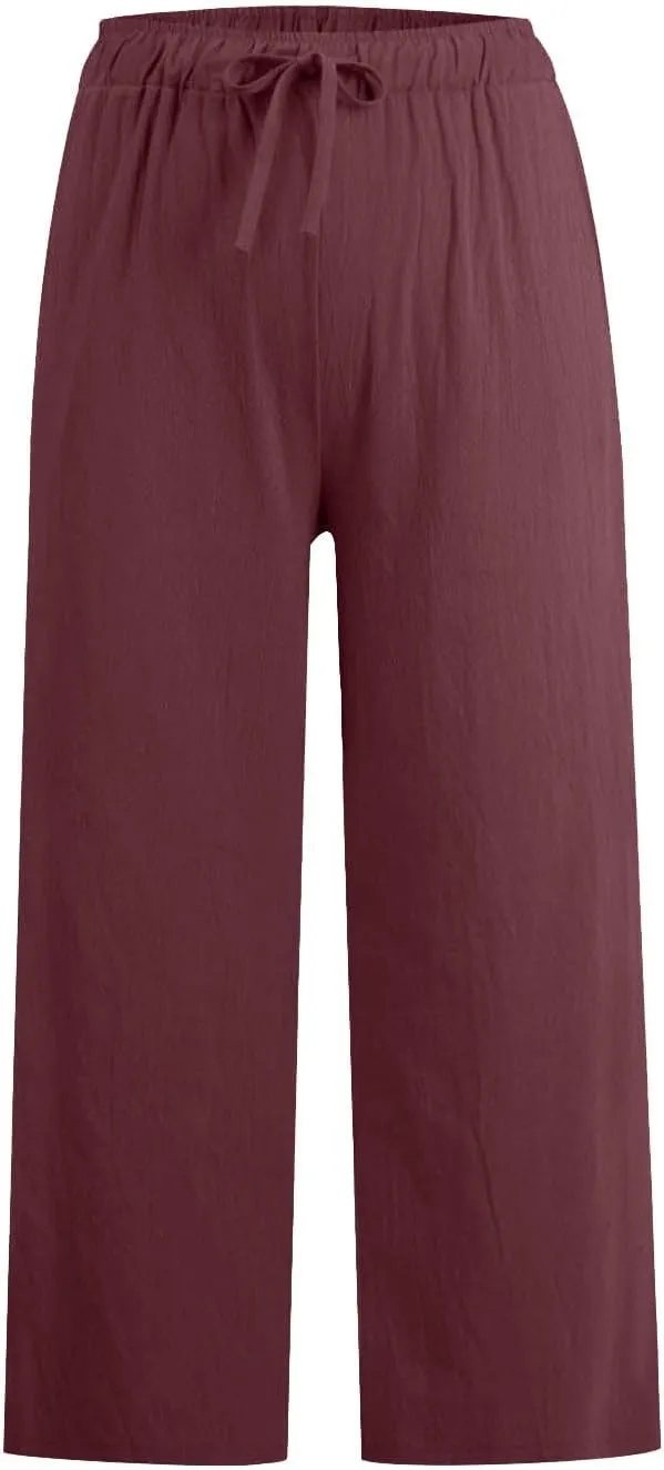 yardsong Capri Pants for Women Cotton Linen Summer Casual Cropped Pants Drawstring Elastic Waist Wide Leg Capris with Pockets