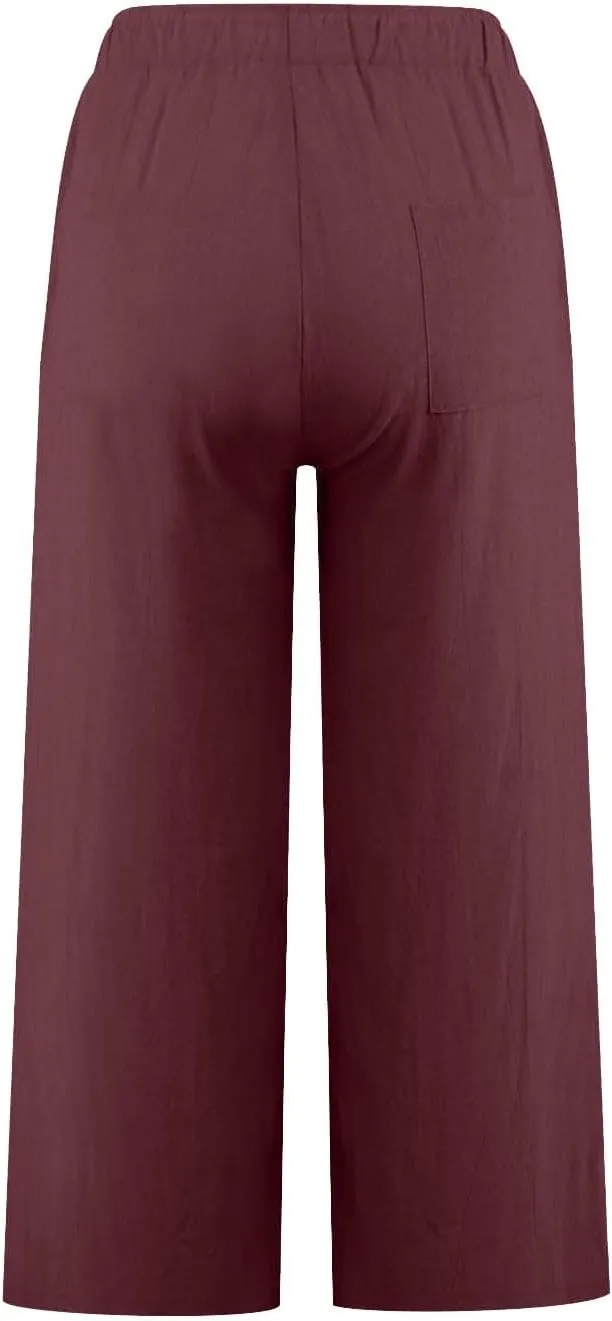yardsong Capri Pants for Women Cotton Linen Summer Casual Cropped Pants Drawstring Elastic Waist Wide Leg Capris with Pockets
