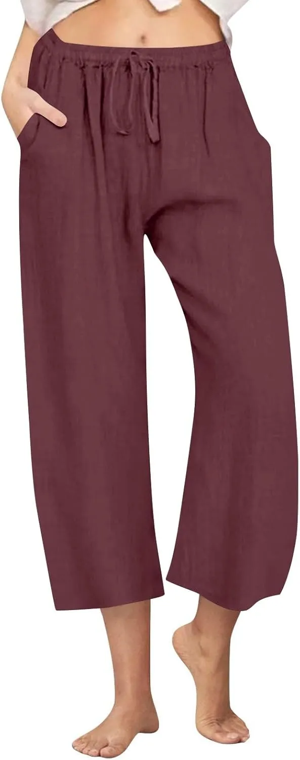yardsong Capri Pants for Women Cotton Linen Summer Casual Cropped Pants Drawstring Elastic Waist Wide Leg Capris with Pockets