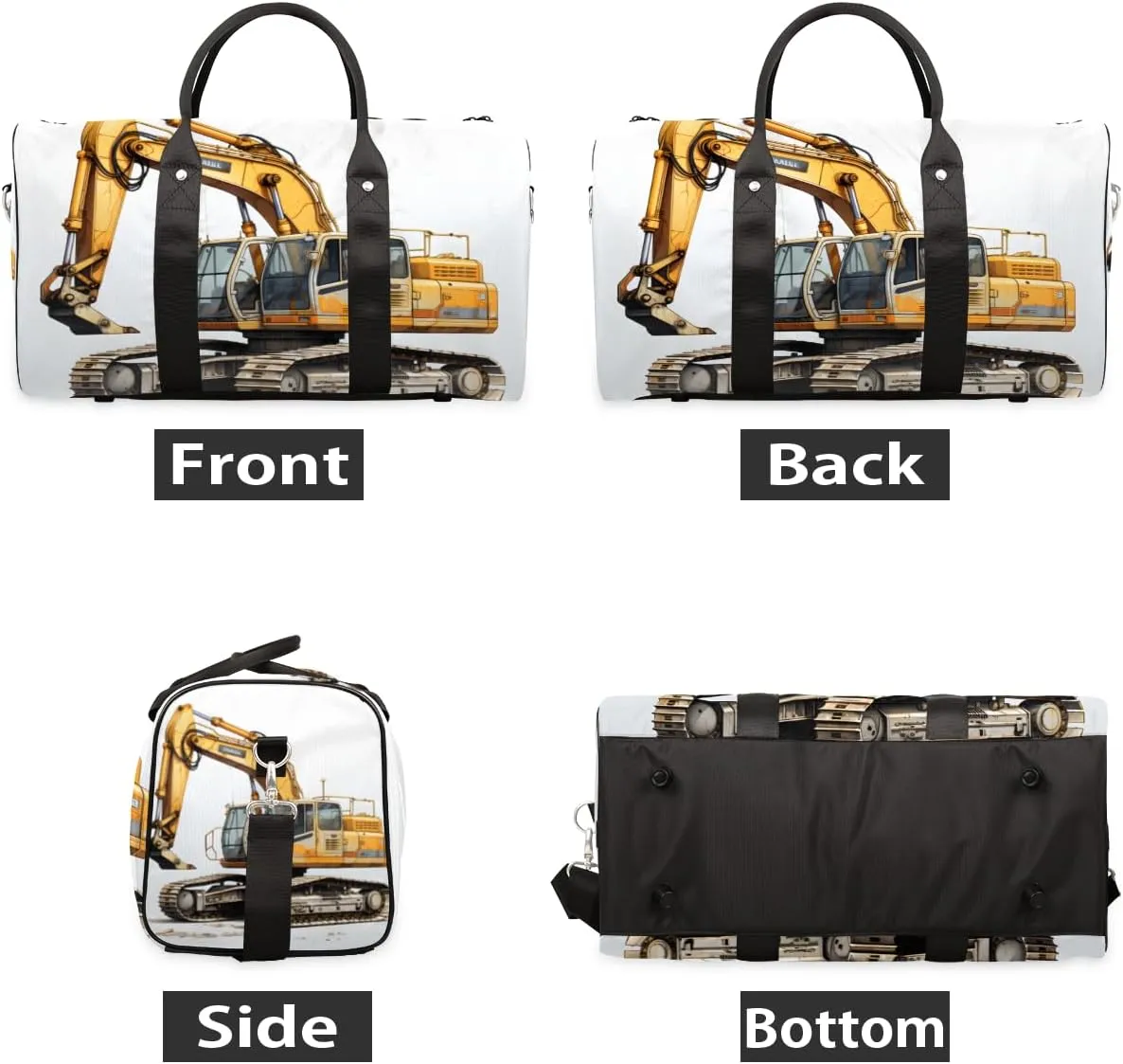 Yellow Excavator Travel Duffle Bag for Women Men Gym Duffel Foldable Bag Waterproof Weekender Machinery Vehicle Duffle Tote