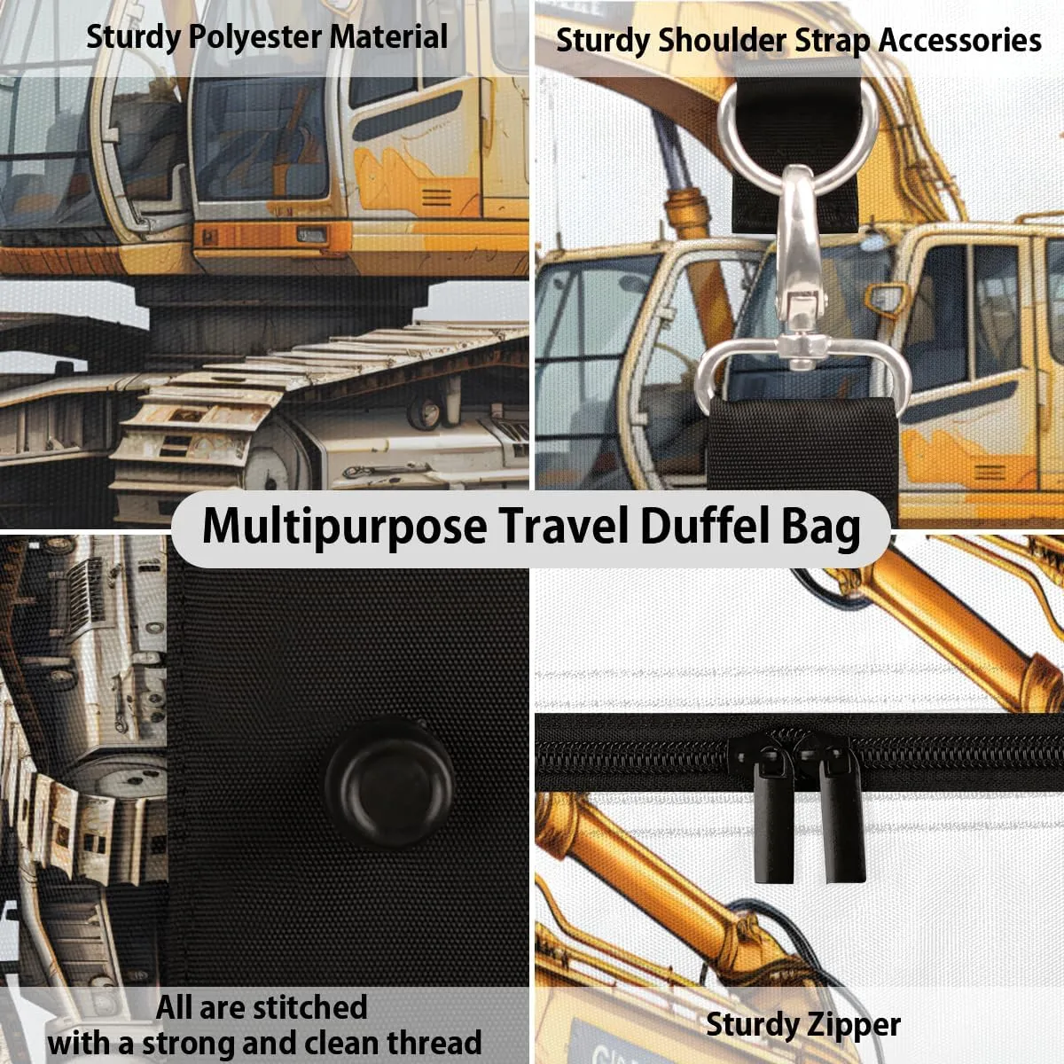 Yellow Excavator Travel Duffle Bag for Women Men Gym Duffel Foldable Bag Waterproof Weekender Machinery Vehicle Duffle Tote
