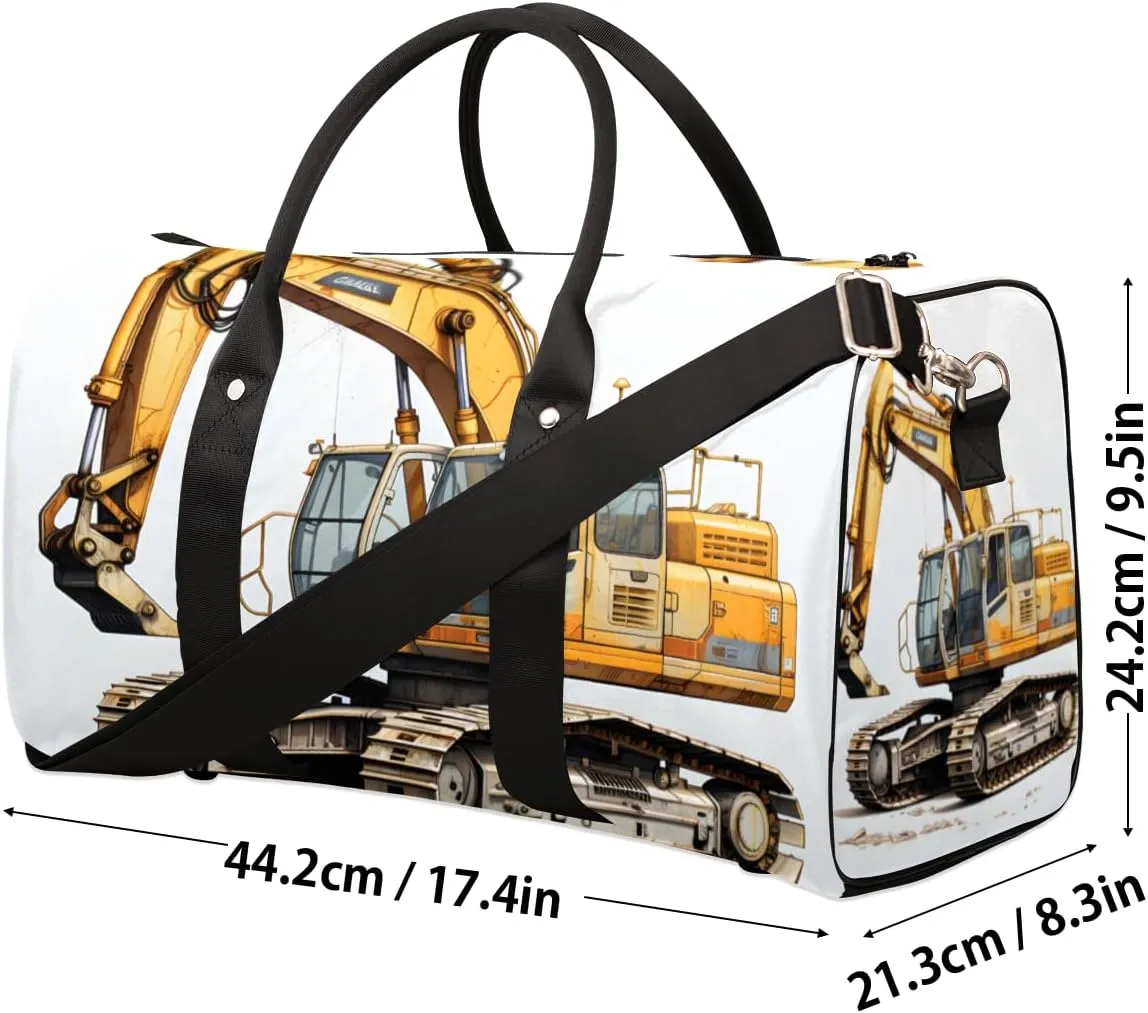 Yellow Excavator Travel Duffle Bag for Women Men Gym Duffel Foldable Bag Waterproof Weekender Machinery Vehicle Duffle Tote