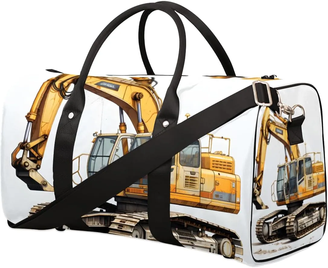 Yellow Excavator Travel Duffle Bag for Women Men Gym Duffel Foldable Bag Waterproof Weekender Machinery Vehicle Duffle Tote