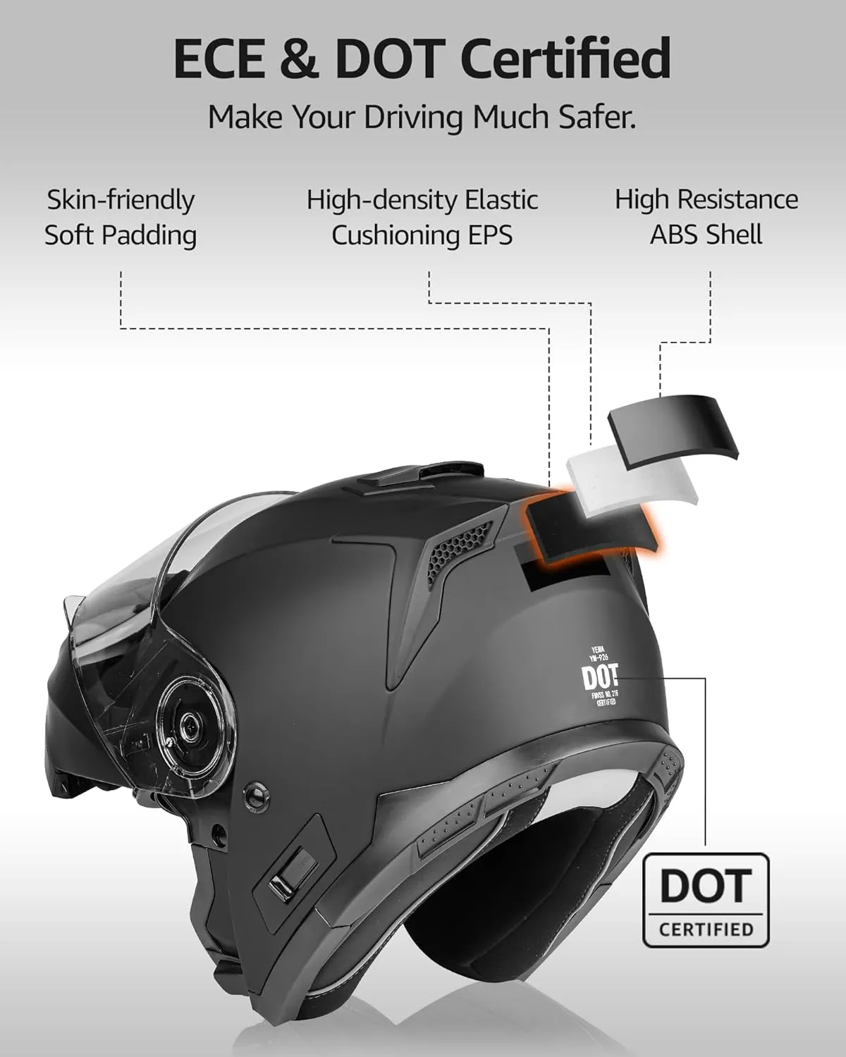 YEMA Modular Motorcycle Helmets, DOT Approved Full Face Motorcycle Helmet with Flip Up Dual Visor, Helmets for Adults Motorcycle Men Women Helmets for Street Scooter ATV E-Bike - YM-926