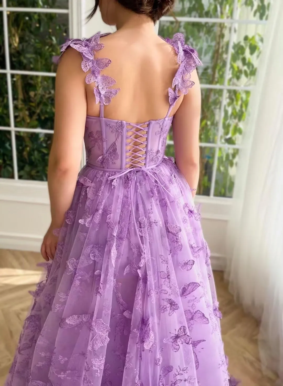 YUAOHUANG Corset Long Tulle Prom Dresses Butterfly Prom Dress for Women Lace Applique Fairy Ball Gown Butterfly Gowns