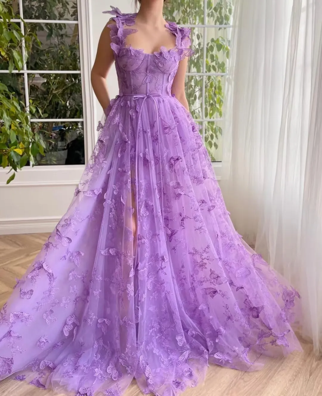 YUAOHUANG Corset Long Tulle Prom Dresses Butterfly Prom Dress for Women Lace Applique Fairy Ball Gown Butterfly Gowns